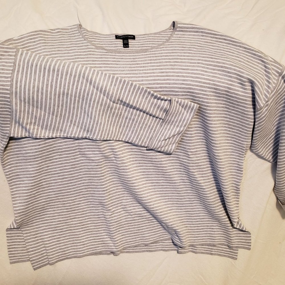 Gray & white striped Eileen Fisher sweater-Cotton blend-Size XL